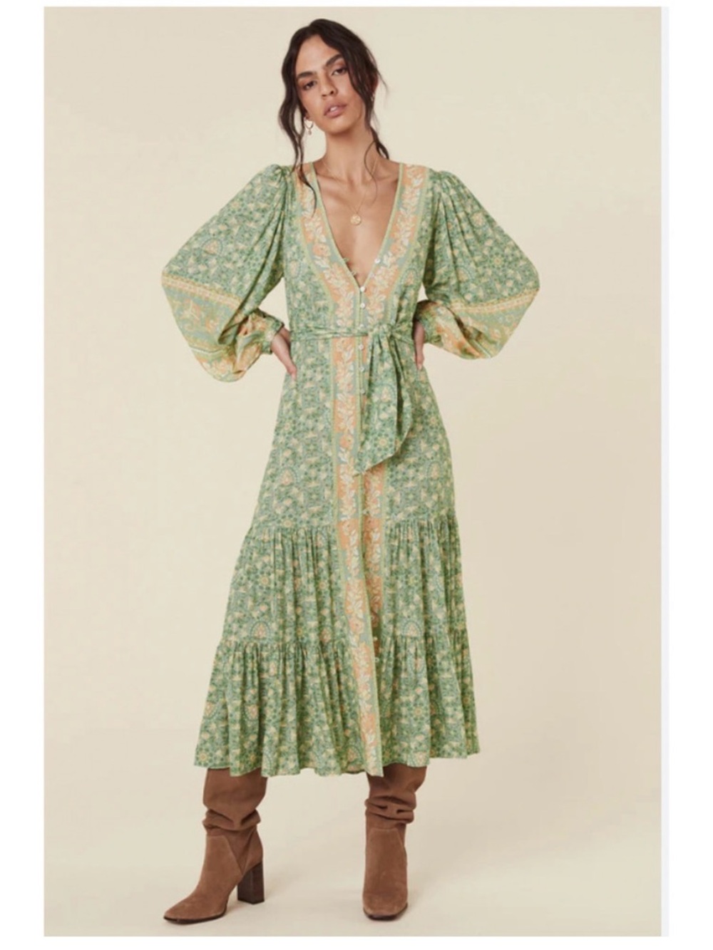 Spell Green Floral Tie-Waist Puff Sleeve Maxi Dress
